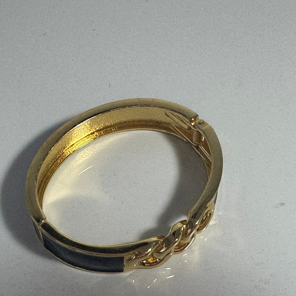 Gold Tone Navy Enamel Link Hinged Bangle Bracelet - Picture 5 of 7